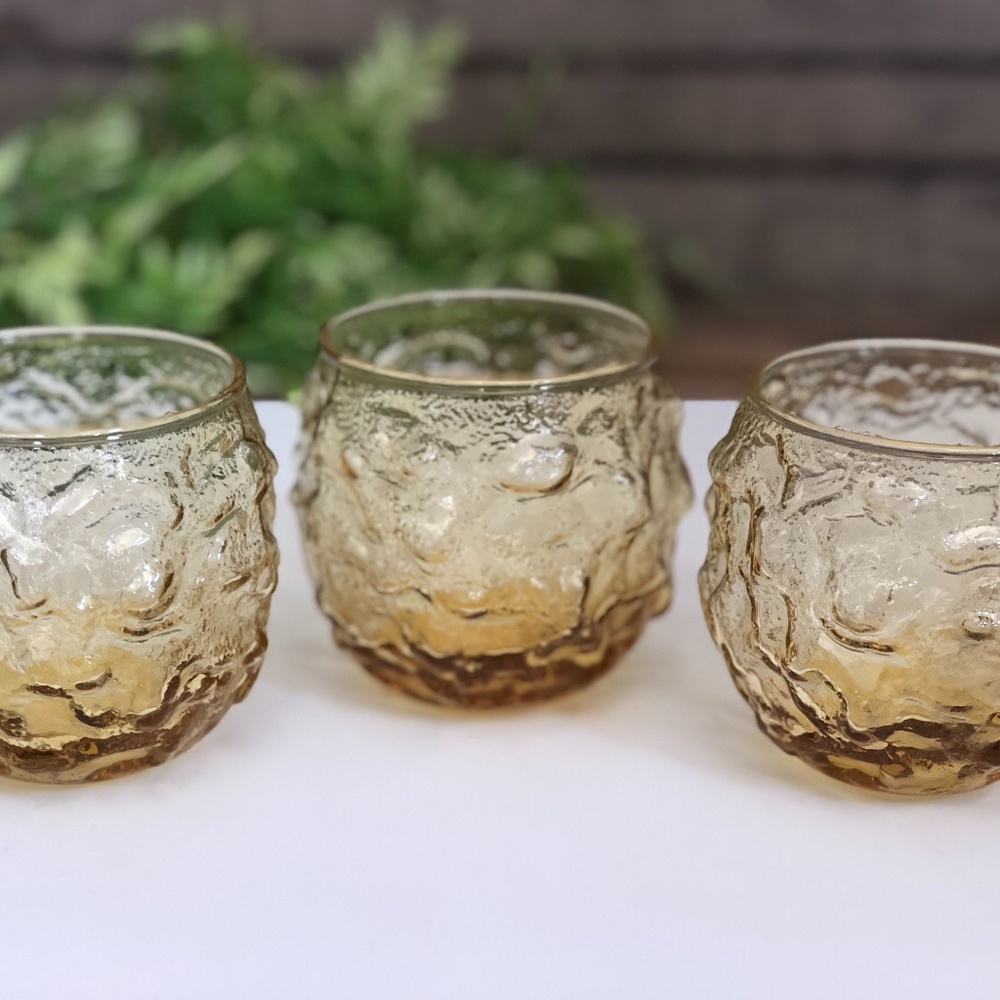 Vintage Amber Lido Milano Rocks Glasses Crinkle Barware 3.5" Tall Set of 3 MCM